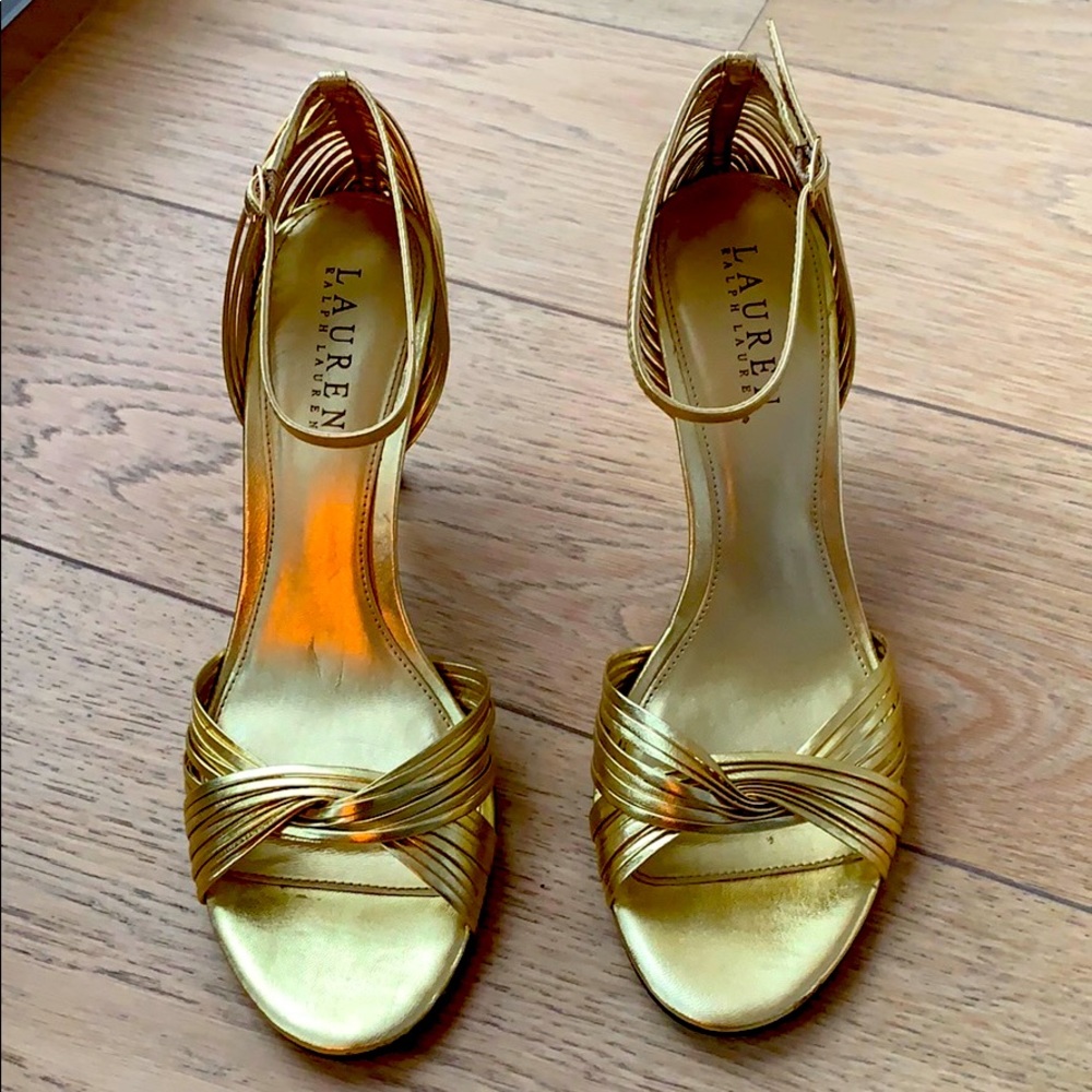Gold Metallic Leather Ankle Strap Heels NEW